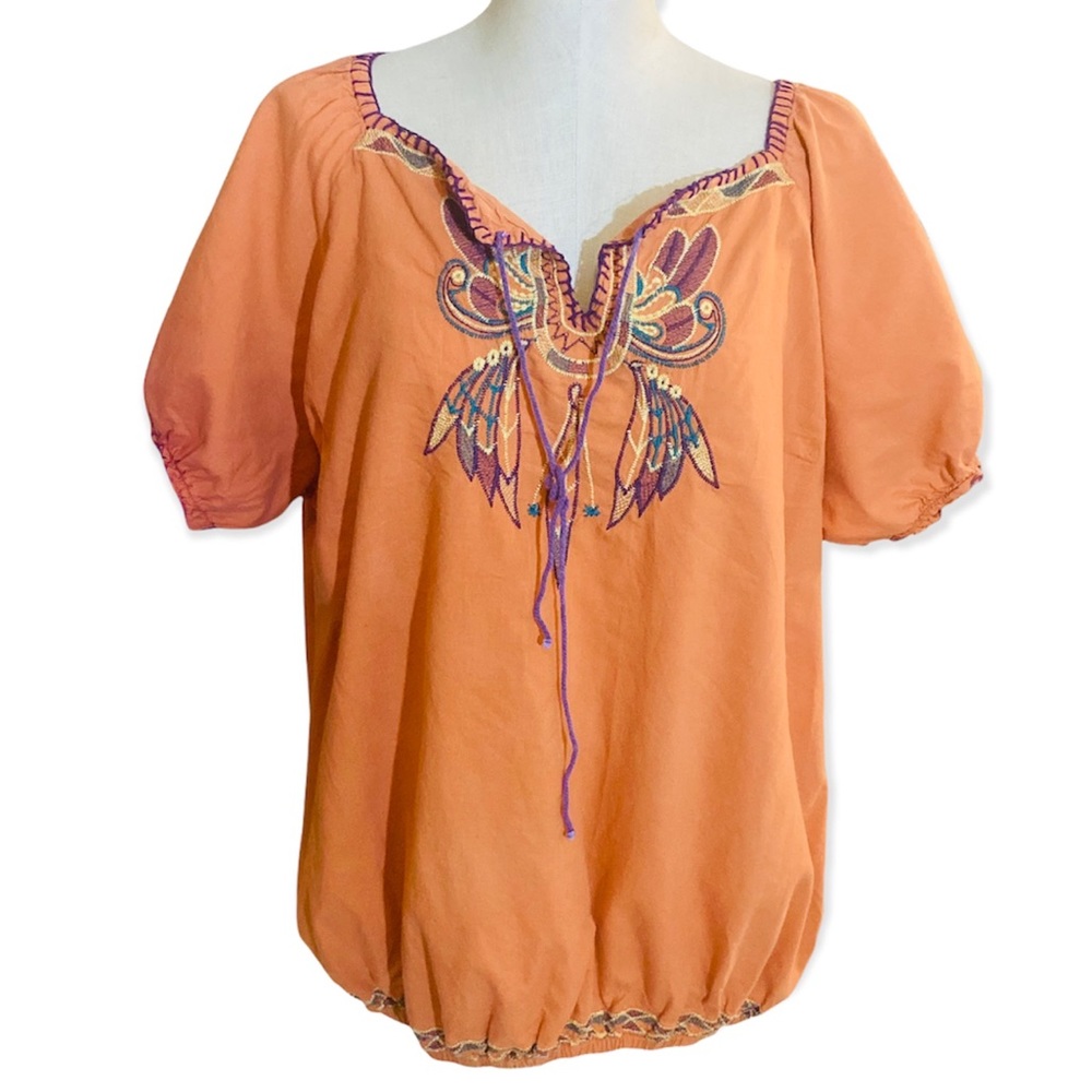 Embroidered Peasant Top - Orange